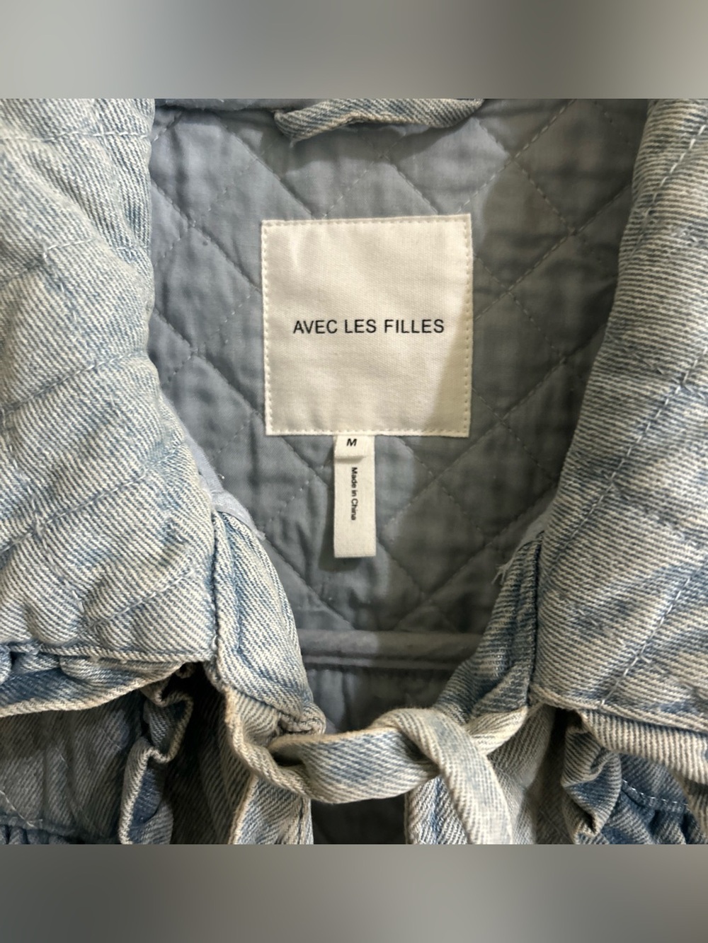 Avec Les Filles Denim Quilted Jacket Maura Bow Tie Preppy Boho Medium NWT - Picture 4 of 12